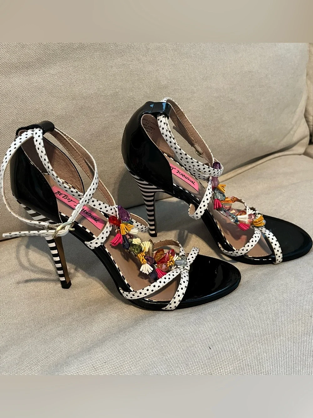 Betsey Johnson Black Patent Polka Dot Strap Jeweled High Heels